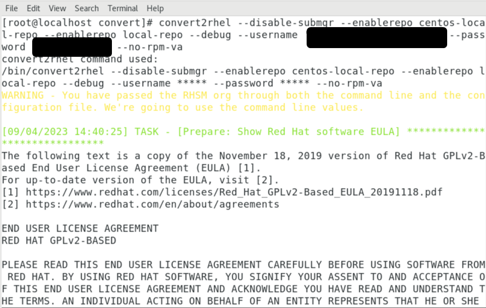 Convert2RHEL 설치 및 변환 수행 (시나리오 1)